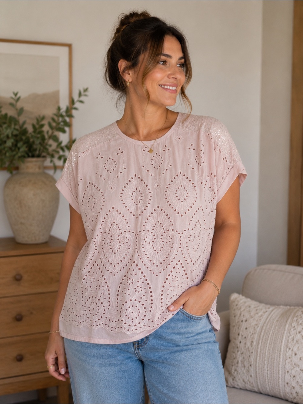 M Made in Italy Pink Eyelet Embroidered Sequin Boho Blouse Top S Romantic Cute